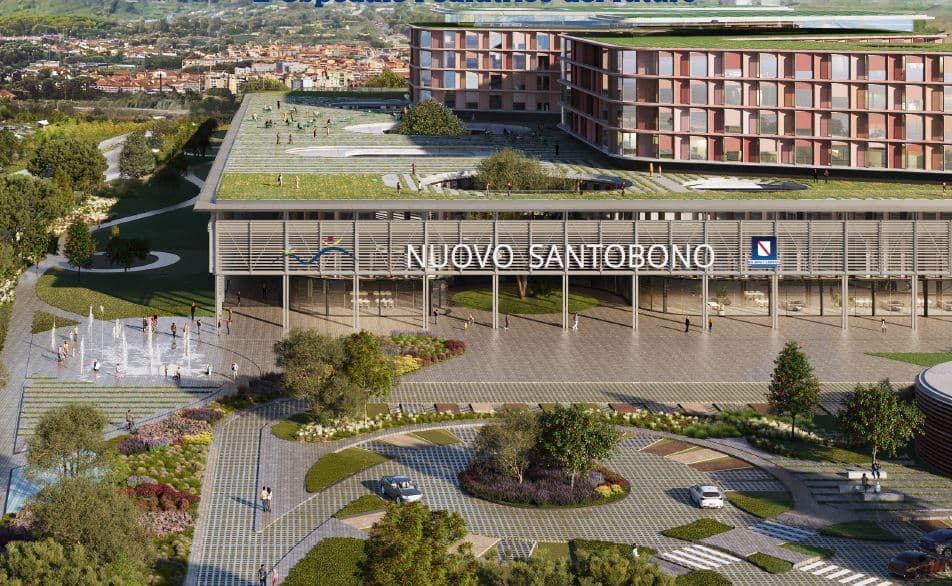 Rendering del Nuovo Ospedale Pediatrico Santobono con il Vesuvio sullo sfondo